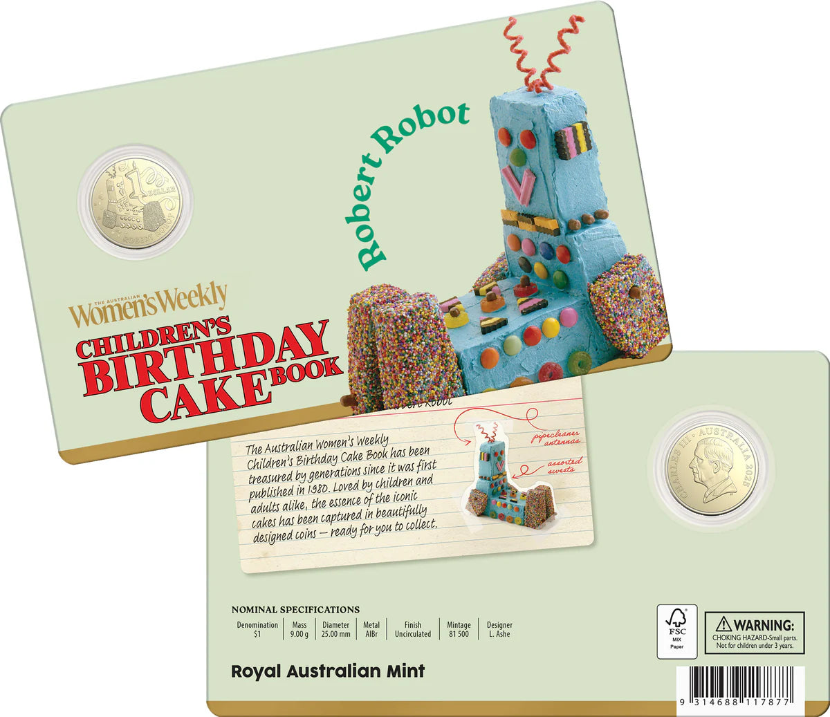 AWW Birthday Cake Robert Robot 2025 $1 Uncirculated Coin in Card AWW Birthday Cake Robert Robot 2025 $1 Uncirculated Coin in Card